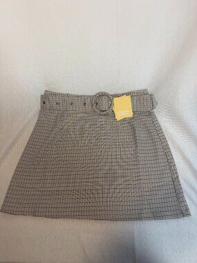 Charlie Holiday Femi Mini Skirt 6 Belted Tan Plaid Preppy Academia Fall Winter